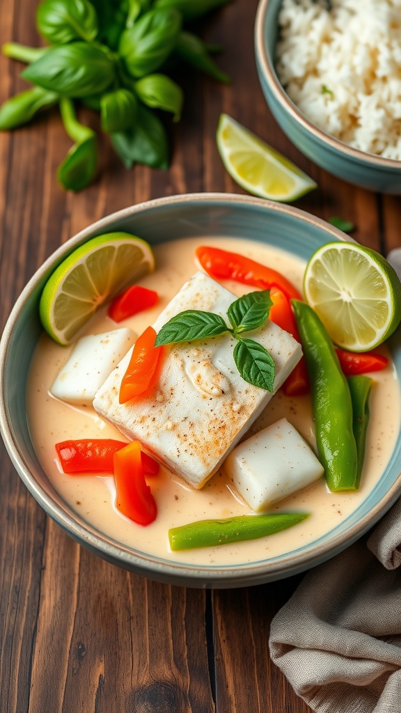 Thai coconut curry cod in a creamy sauce with vegetables, garnished with basil and served with lime and rice.